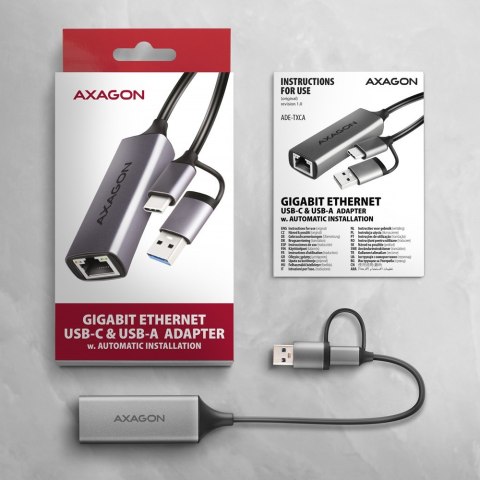 ADE-TXCA Karta sieciowa Gigabit Ethernet adapter, USB-C (USB-A redukcja) 3.2 Gen 1, instalacja automatyczna AXAGON