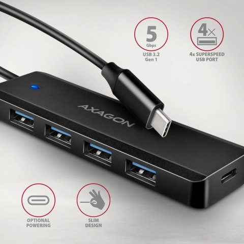 HUE-C1C 4-portowy hub USB 5Gbps Travel, USB-C power IN, kabel Type-C 19cm, USB-C dodatkowe zasilanie AXAGON