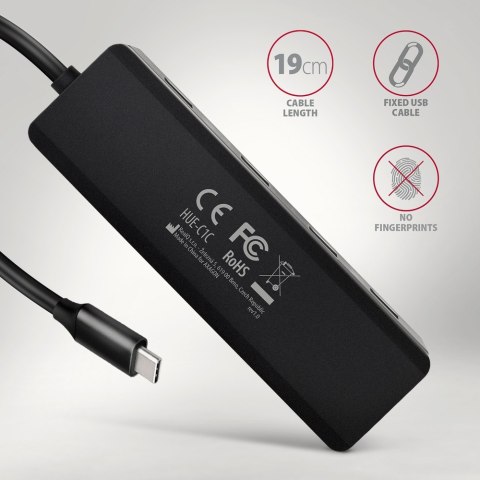 HUE-C1C 4-portowy hub USB 5Gbps Travel, USB-C power IN, kabel Type-C 19cm, USB-C dodatkowe zasilanie AXAGON