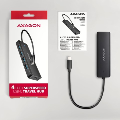 HUE-C1C 4-portowy hub USB 5Gbps Travel, USB-C power IN, kabel Type-C 19cm, USB-C dodatkowe zasilanie AXAGON
