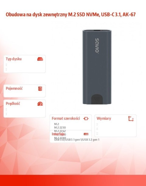 Obudowa na dysk zewnętrzny M.2 SSD NVMe, USB-C 3.1, AK-67 Savio