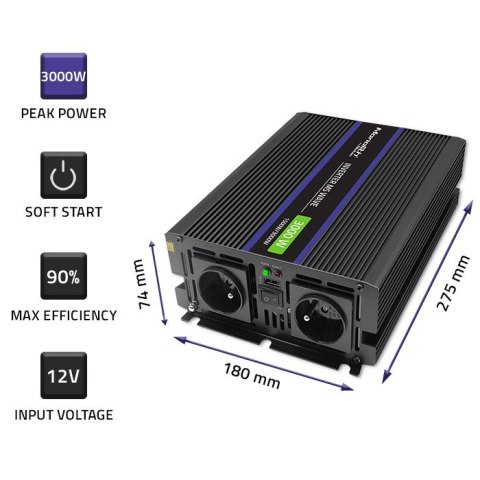 Przetwornica napięcia Monolith 3000 MS Wave | 12V na 230V | 1500/3000W | USB Qoltec