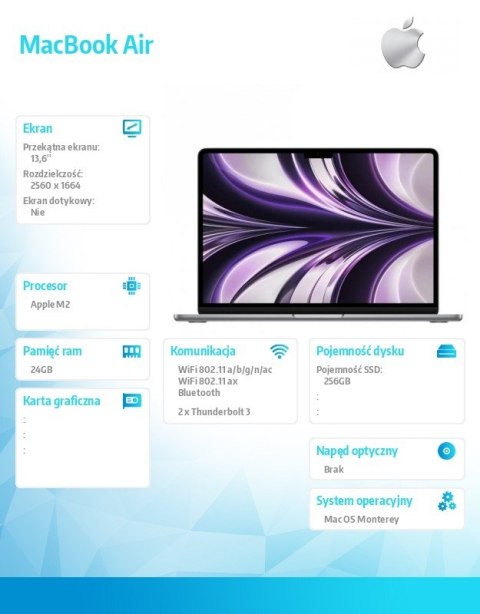 MacBook Air 13,6 cala: M2 8/10, 24GB, 256GB, 30W - Gwiezdna szarość - MC7U4ZE/A/P1/R1 Apple