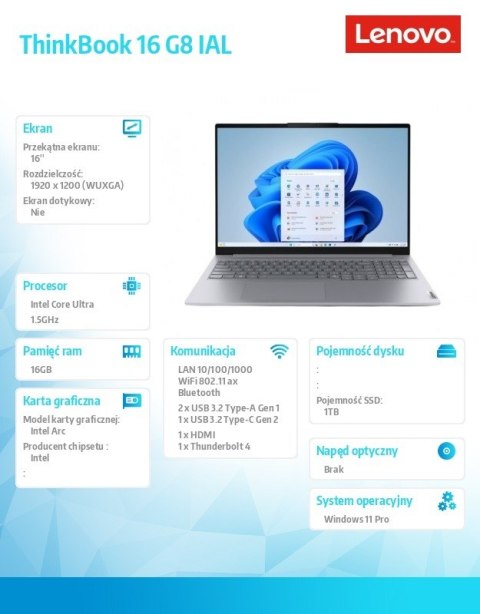 Notebook ThinkBook 16 G8 21SK008NPB W11Pro Ultra 7 255H/16GB/1TB/INT/16.0 WUXGA/Luna Grey/3YRS OS + CO2 Offset Lenovo