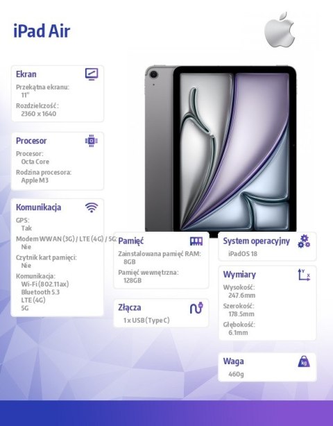 IPad Air 11 cali WiFi + Cellular 128GB Szary Apple