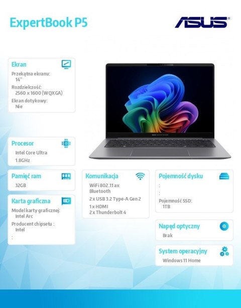 Notebook ExpertBook P5 P5405CSA-NZ0417W Ultra 7 258V 32GB/1TB Win 11Home/3YRS Copilot+PC Asus