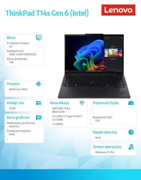 Ultrabook ThinkPad T14s G6 21QX00HEPB W11Pro Ultra 7 258V/32GB/1TB/INT/14.0 WUXGA/Touch/3YRS Premier Support + CO2 Offset Lenovo