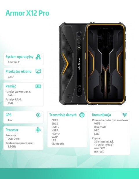 Smartfon Armor X12 Pro 4G 4/64GB IP69K Pomarańczowy ULEFONE