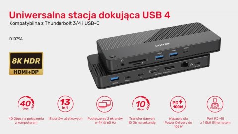 Stacja dokująca 12w1 USB-C, HDMI 2.1, USB 4, PD 100W; D1079A Unitek