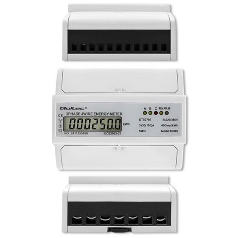 Trójfazowy dwukierunkowy elektroniczny licznik | miernik zużycia energii na szynę DIN | 400V | 100A | LCD | 4P Qoltec