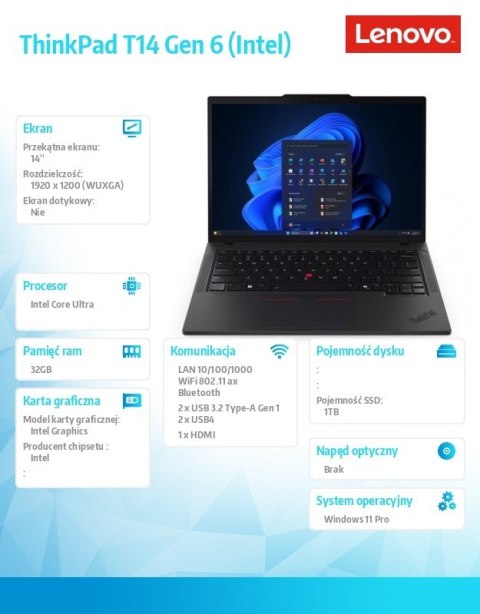 Ultrabook ThinkPad T14 G6 21QC0040PB W11Pro Ultra 7 255U/32GB/1TB/INT/14.0 WUXGA/Black/3YR Premier Support + CO2 Offset Lenovo