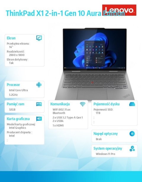 Ultrabook Thinkpad X1 2-in-1 Gen10 21Q000A2PB W11Pro Ultra 7 255U/32GB/1TB/INT/14.0 2.8K/Touch/Grey/3YRS Premier Support + CO2 O Lenovo