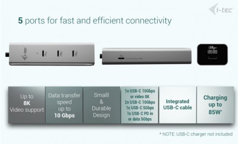 HUB USB-C Charging Metal 5 port with USB-C video 8K + Power Delivery 85W I-tec