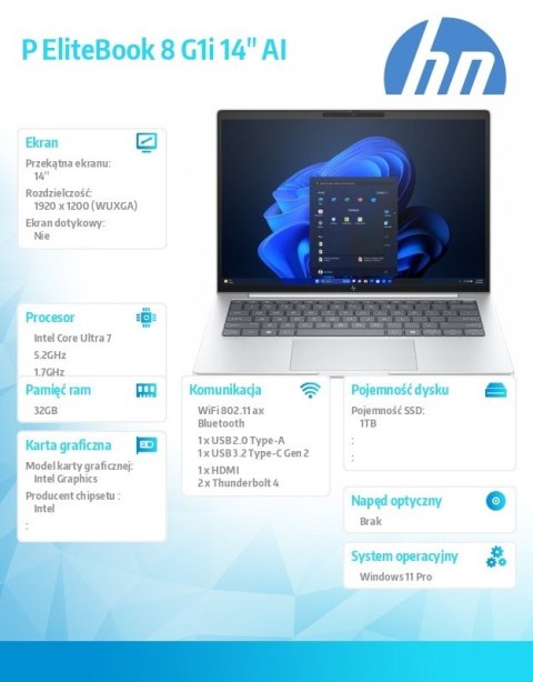 Notebook EliteBook 8 G1i U7-255U 1TB/32/W11P/14 C51GCET HP Inc.