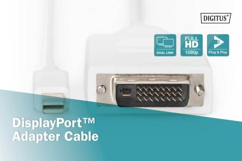 Kabel adapter Displayport 1080p 60Hz FHD Typ miniDP/DVI-D (24+1) M/M biały 2m Digitus