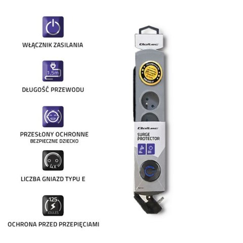 Listwa antyprzepięciowa Quick Switch, 4 gniazda, 1,5m, szara Qoltec