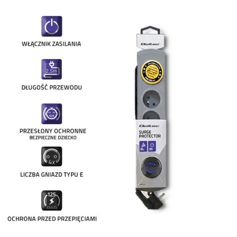 Listwa antyprzepięciowa | Quick Switch | 4 gniazda | 2,5m | szara Qoltec