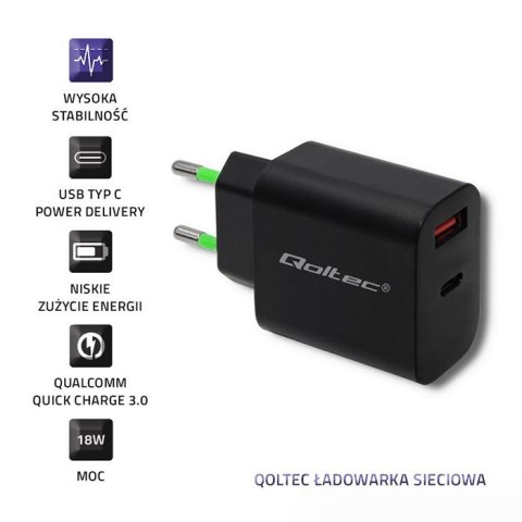 Ładowarka sieciowa | 18W | 5-12V | 1.5-3A | USB typ C PD | USB QC 3.0 | Czarna Qoltec