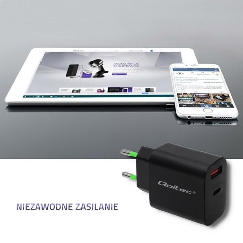 Ładowarka sieciowa | 18W | 5-12V | 1.5-3A | USB typ C PD | USB QC 3.0 | Czarna Qoltec