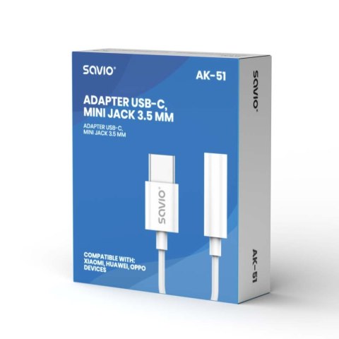 Adapter USB-C - Mini Jack 3,5mm, Xiaomi, Huawei, Oppo, AK-51 Savio