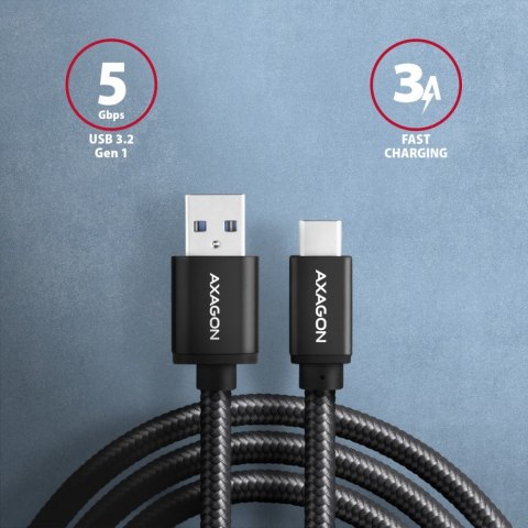 BUCM3-AM20AB Kabel USB-C - USB-A 3.2 Gen 1, 2m, 3A, ALU, oplot, czarny AXAGON