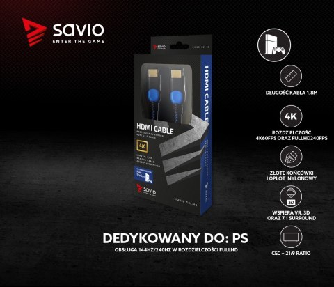 Kabel HDMI 2.0 niebiesko-czarny 1,8m, GCL-02 Savio