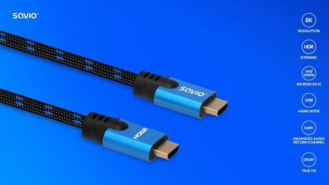 Kabel HDMI (M) v2.1, 3m, 8K, miedź, niebiesko-czarny, złote końcówki, ethernet/3D, CL-143 Savio