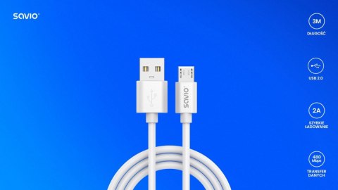 Kabel USB- A - micro USB, 2A, 3m, CL-167 Savio