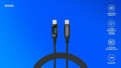 Kabel USB - USB C z wyświetlaczem, 100W, CL-174 Savio