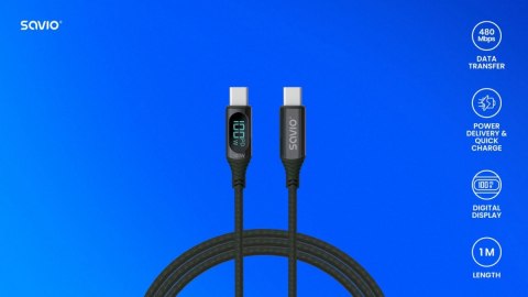 Kabel USB - USB C z wyświetlaczem, 100W, CL-174 Savio