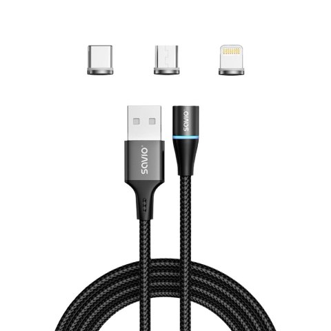 Kabel magnetyczny USB - USB typ C, Micro i Lightning, czarny, 1m, CL-152 Savio