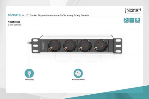 Listwa zasilająca do szaf 10" RACK 4xSchuko, 2m 1xUnischuko, 16A, aluminiowa Digitus