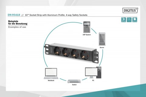 Listwa zasilająca do szaf 10" RACK 4xSchuko, 2m 1xUnischuko, 16A, aluminiowa Digitus