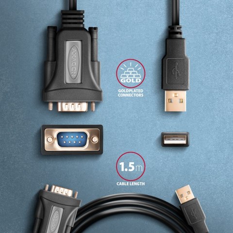 ADS-1PQN Adapter USB 2.0 > RS-232 Port szeregowy, 1,5m kabel, chip FTDI AXAGON