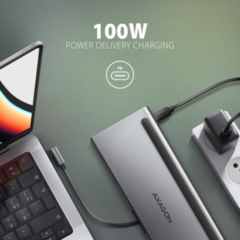 HMC-4KX3 Wieloportowy hub USB 11in1, 5Gbps, 3x USB-A, 2x HDMI 4K/60Hz+ DP 4K/60Hz+ GLAN + SD/microSD + audio, PD 100W, 40cm USB- AXAGON