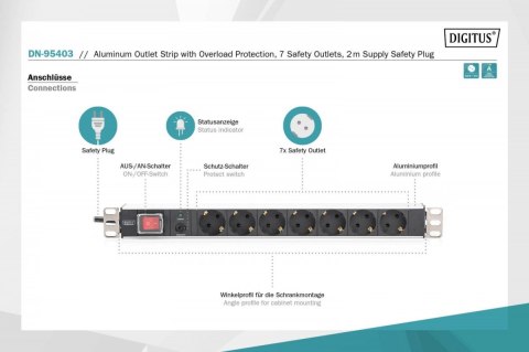Listwa zasilająca PDU 19" Rack, 7x gniazdo schuko, 2.0m, 1x wtyk unischuko, 16A, wł./wył., zabezpieczenie przeciążeniowe, profil Digitus