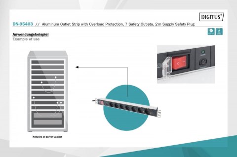 Listwa zasilająca PDU 19" Rack, 7x gniazdo schuko, 2.0m, 1x wtyk unischuko, 16A, wł./wył., zabezpieczenie przeciążeniowe, profil Digitus