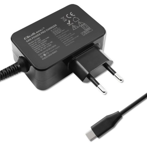 Ładowarka GaN Power Pro | 1xUSB-C | 45W | 5-20V | 2.25-3A | Czarna Qoltec