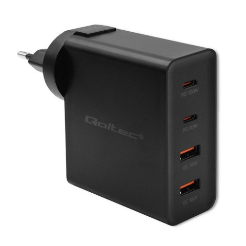 Ładowarka GaN Power Pro | 2xUSB-C | 2xUSB | 130W | 5-20V | 1.5-5A| PD | Czarna Qoltec