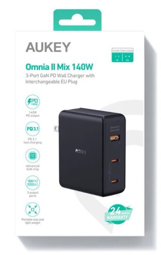 PA-B7O Omnia II GaN ładowarka sieciowa 3xUSB (2xUSB C+1xUSBA) 140W PD3.1 PPS EU/US/UK AUKEY