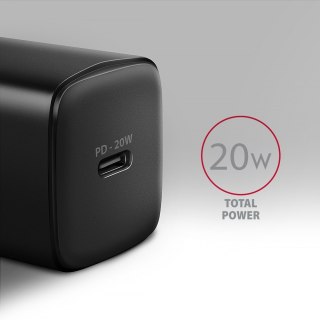 ACU-PD20 Ładowarka sieciowa PD 20W, 1x port USB-C, PD3.0/QC3.0/AFC/FCP/Apple Czarna AXAGON