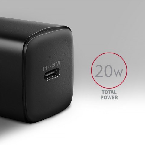 ACU-PD20 Ładowarka sieciowa PD 20W, 1x port USB-C, PD3.0/QC3.0/AFC/FCP/Apple Czarna AXAGON