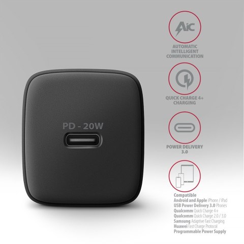 ACU-PD20 Ładowarka sieciowa PD 20W, 1x port USB-C, PD3.0/QC3.0/AFC/FCP/Apple Czarna AXAGON