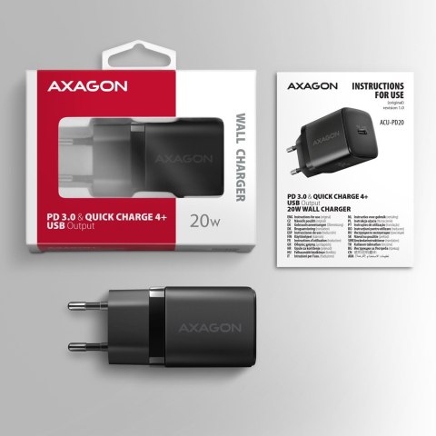 ACU-PD20 Ładowarka sieciowa PD 20W, 1x port USB-C, PD3.0/QC3.0/AFC/FCP/Apple Czarna AXAGON