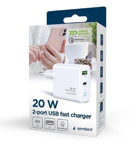 Ładowarka USB-A USB-C LED 20W PD QC3.0 biała Gembird
