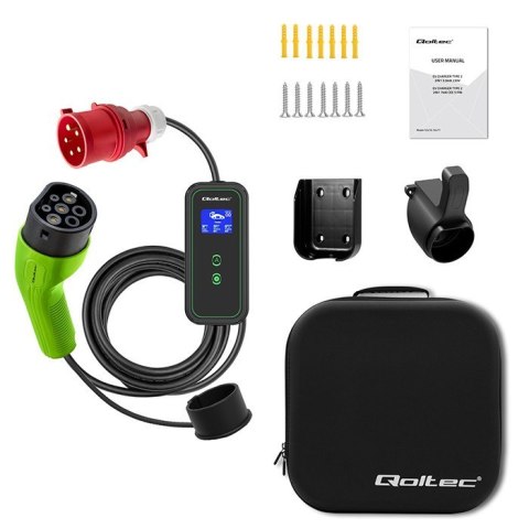 Mobilna ładowarka do samochodu elektrycznego EV z regulacją 2w1 Typ2 | 11kW | CEE 5 PIN | LCD | 3 fazy | Przenona | Wallbox |  Qoltec