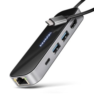 HMC-6GLN Wieloportowy hub USB 6in1, 5Gbps, 2xUSB-A, 1x USB-C, GLAN, HDMI 4K/60Hz, PD 100W, 20cm USB-C kabel AXAGON