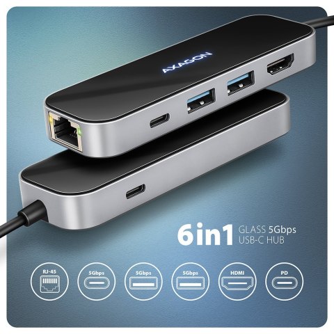 HMC-6GLN Wieloportowy hub USB 6in1, 5Gbps, 2xUSB-A, 1x USB-C, GLAN, HDMI 4K/60Hz, PD 100W, 20cm USB-C kabel AXAGON