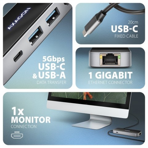 HMC-6GLN Wieloportowy hub USB 6in1, 5Gbps, 2xUSB-A, 1x USB-C, GLAN, HDMI 4K/60Hz, PD 100W, 20cm USB-C kabel AXAGON