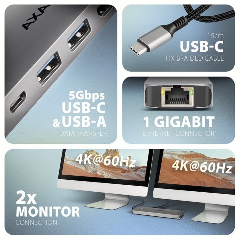 HMC-7HX2 Wieloportovy hub USB 7in1, 5Gbps, 2x USB-A, 1x USB-C, 2x HDMI 4K/60Hz, GLAN, PD 100W, 15cm USB-C kabel AXAGON